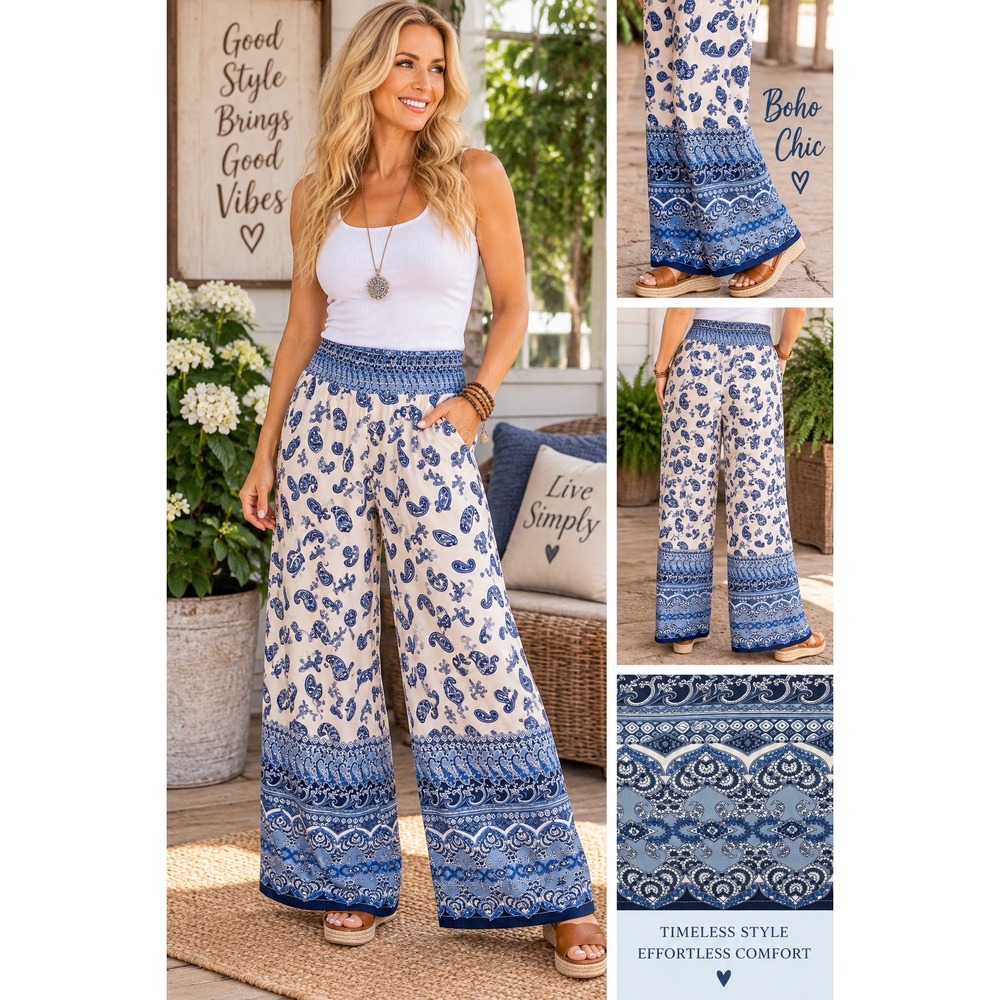 EST. 1946 Women Blue White Paisley Smocked Waist Wide Leg Palazzo Pants 14/16W